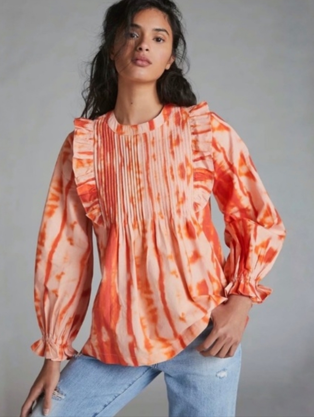 Anthropologie Emilia‎ Ruffled Tie-Dye Blouse Top Shirt Orange Motif Large